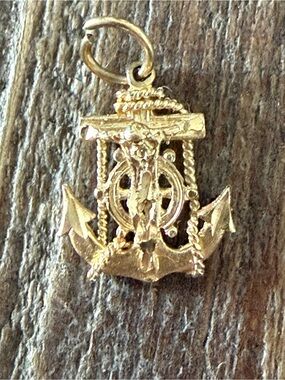 14k Gold Jesus Mariner Anchor Charm Pendant